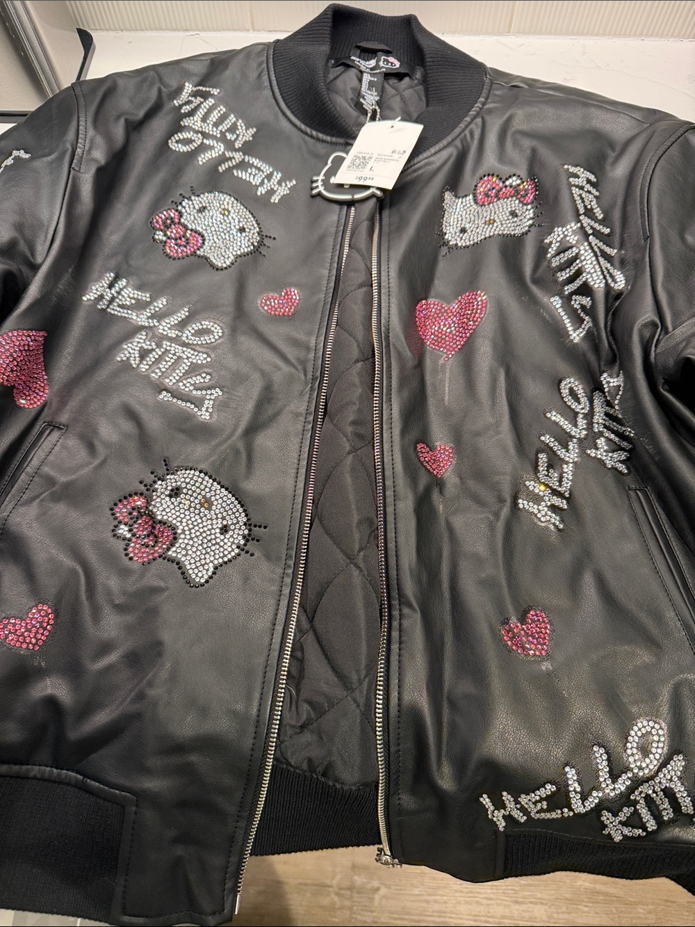 Hello Kitty Black Faux Leather Bomber Jacket with Rhinestone Hearts